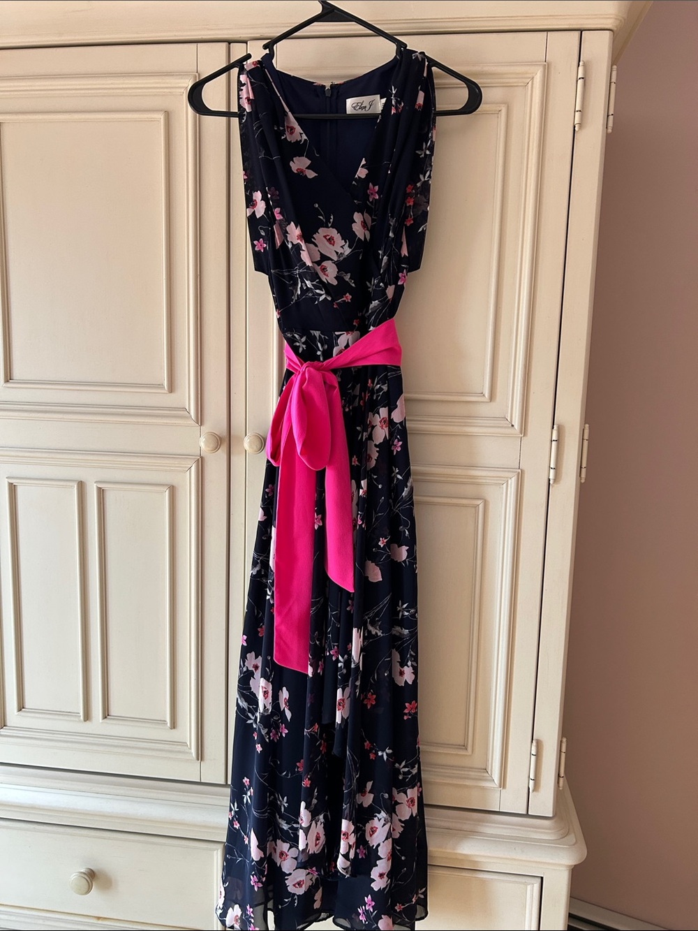 Eliza J Navy Floral High-Low Dress with Hot Pink Sash